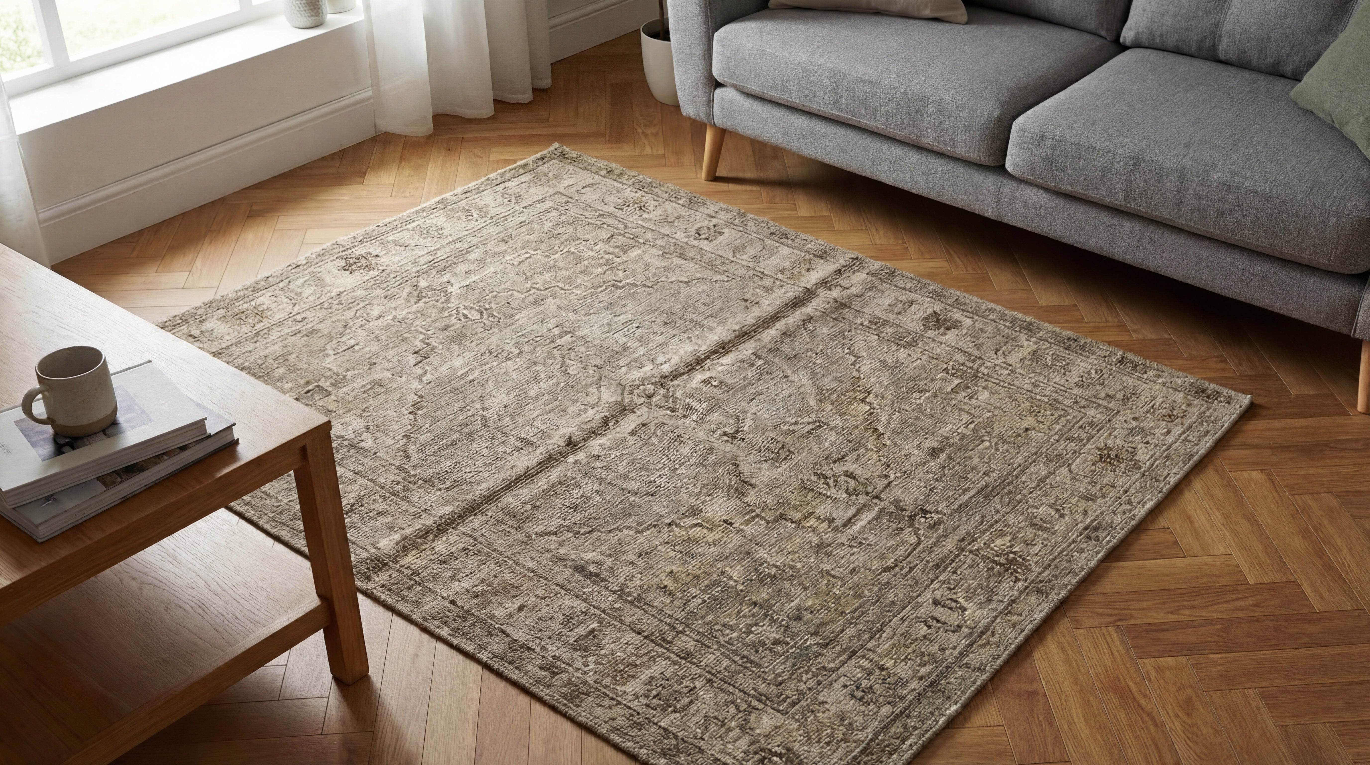 My Color Room Teppich Stopp Transparent fixiert einen rechteckigen Teppich sicher auf Parkettboden im hellen Wohnzimmer mit Sofa und Couchtisch.