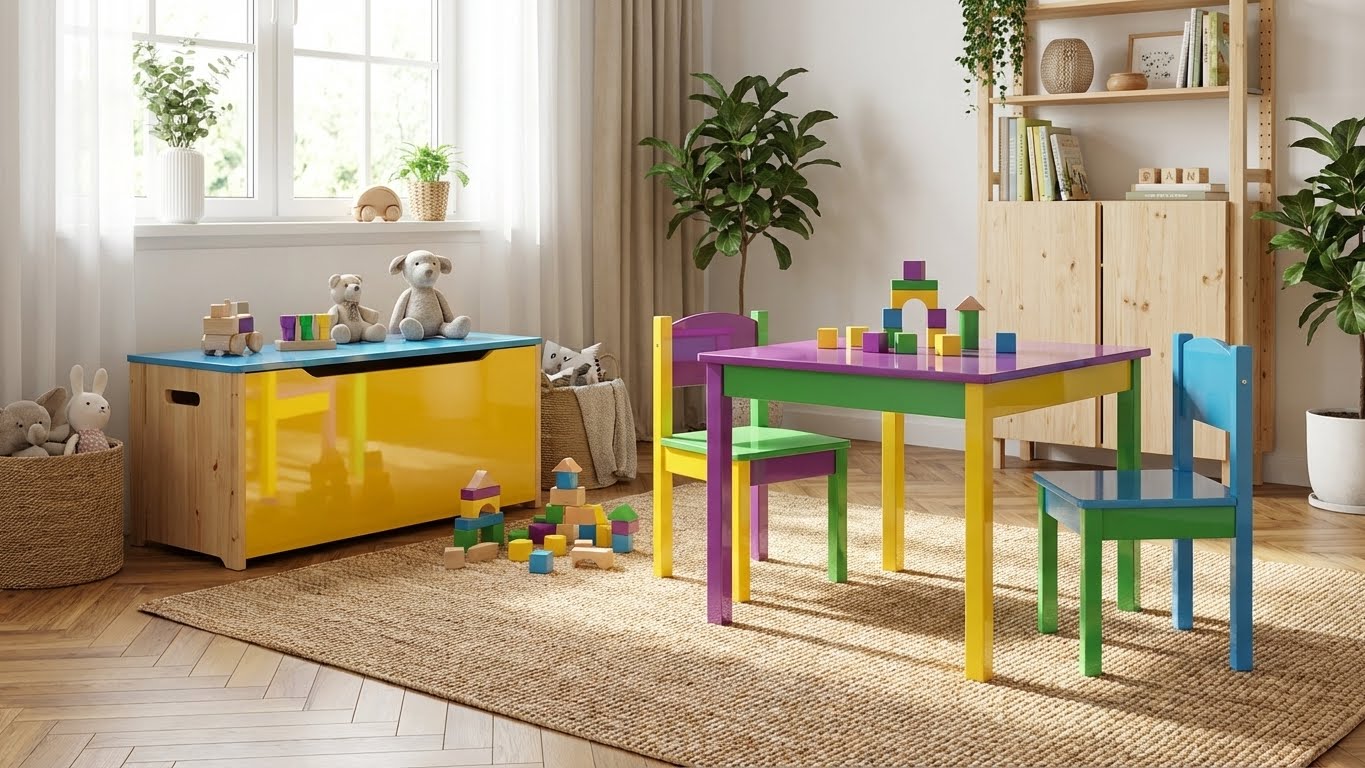 Mit My Paint 2in1 Buntlack Glänzend gestrichene Kinderzimmermöbel in Gelb, Grün, Blau und Lila in heller Wohnumgebung.