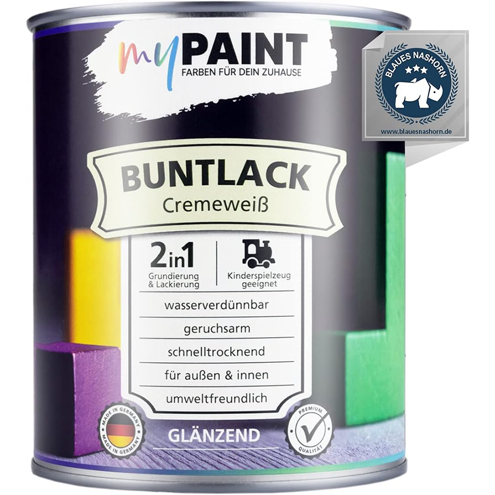 Dose My Paint 2in1 Buntlack Glänzend in Cremeweiß mit Qualitätssiegel Blauees Nashorn auf der Verpackung.