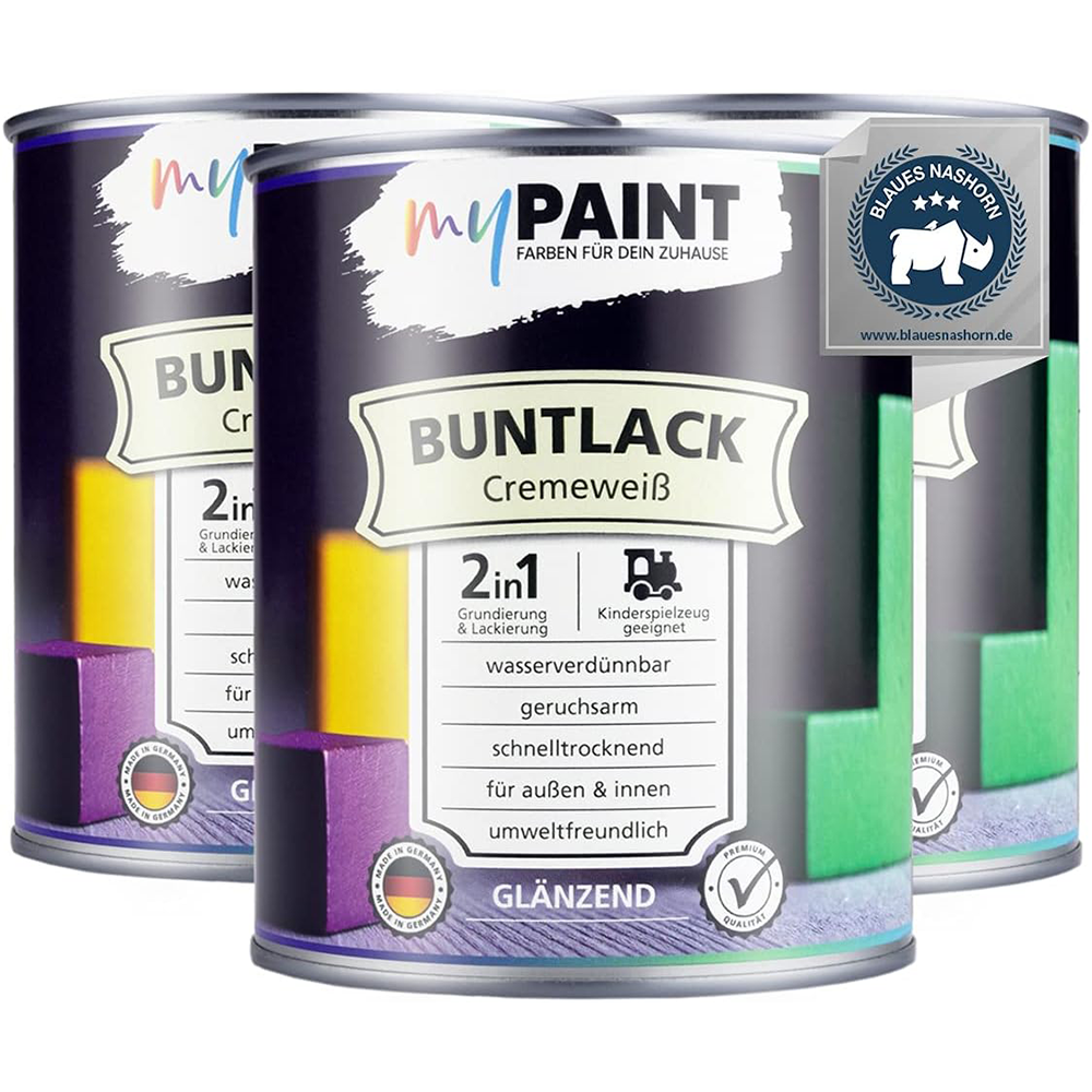 Drei Dosen My Paint 2in1 Buntlack Glänzend in Cremeweiß als Set nebeneinander dargestellt.