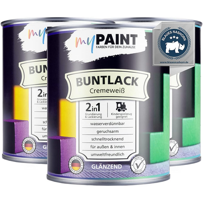 Drei Dosen My Paint 2in1 Buntlack Glänzend in Cremeweiß als Set nebeneinander dargestellt.