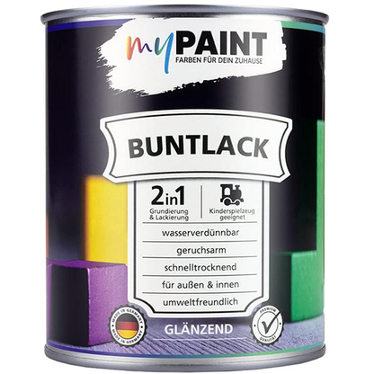 Frontansicht einer Dose My Paint 2in1 Buntlack Glänzend mit 2in1 Grundierung und Lackierung für innen und außen.