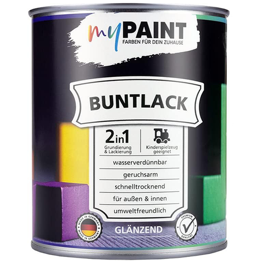 Frontansicht einer Dose My Paint 2in1 Buntlack Glänzend mit 2in1 Grundierung und Lackierung für innen und außen.