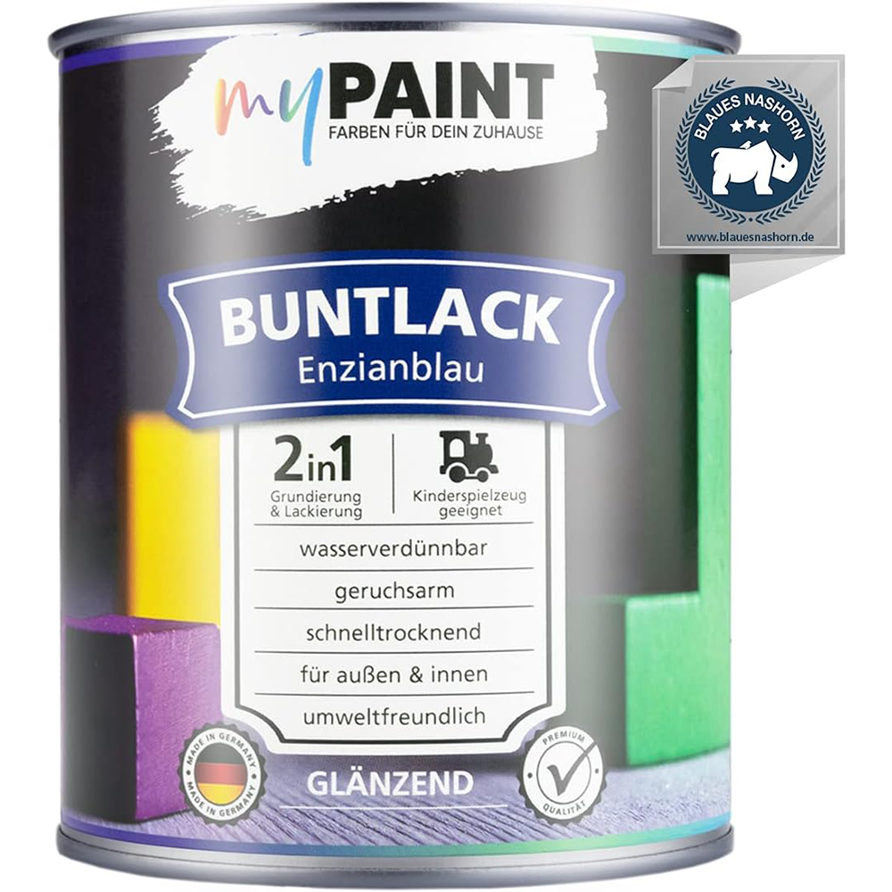 Dose My Paint 2in1 Buntlack Glänzend in Enzianblau mit aufgedrucktem Qualitätssiegel.