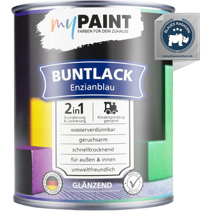 Dose My Paint 2in1 Buntlack Glänzend in Enzianblau mit aufgedrucktem Qualitätssiegel.