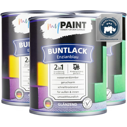 Dreier-Set My Paint 2in1 Buntlack Glänzend in Enzianblau mit drei nebeneinander stehenden Farbdosen.