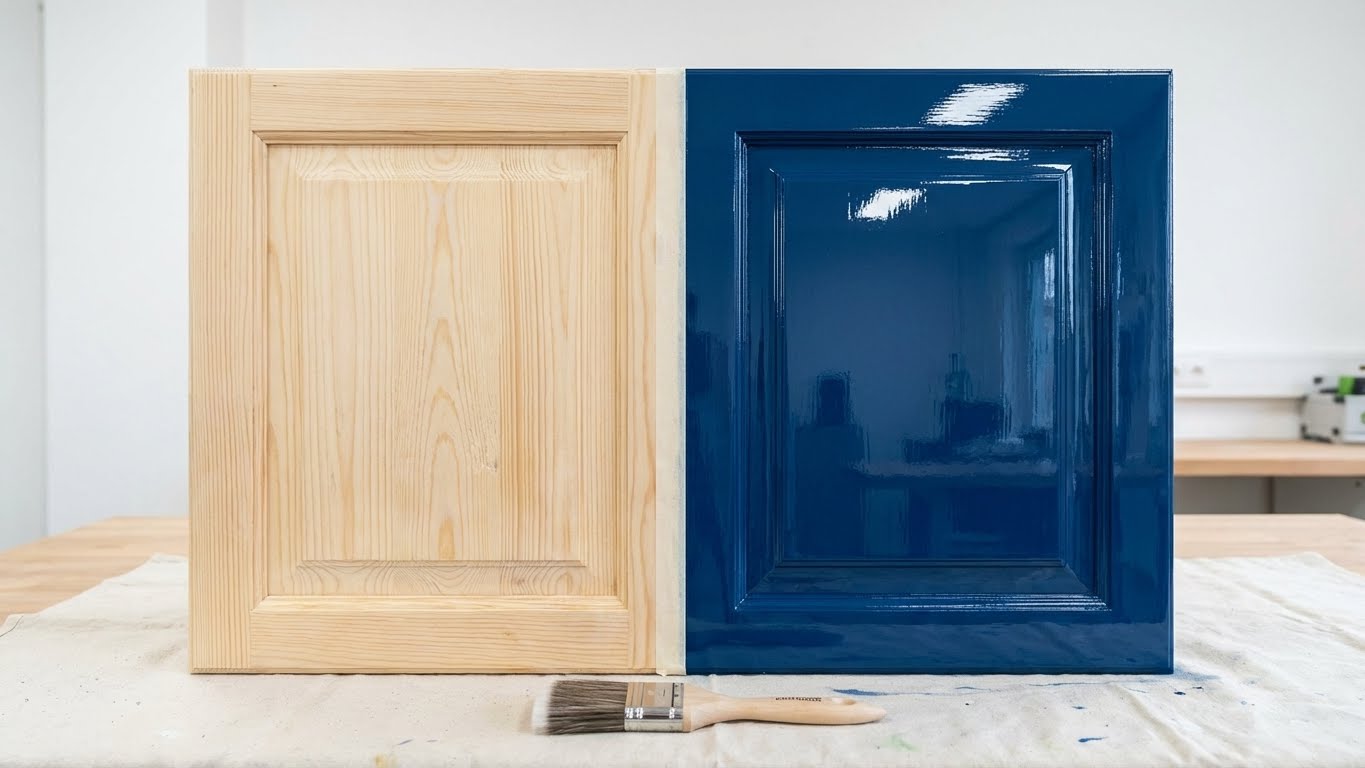 Vorher-Nachher-Vergleich einer Holzplatte mit My Paint 2in1 Buntlack Glänzend in Enzianblau, links naturbelassenes Holz, rechts blau lackiert.