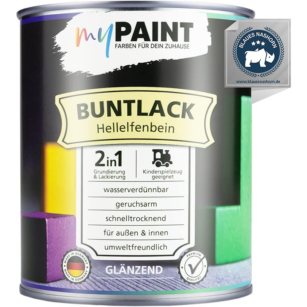Einzelne Dose My Paint 2in1 Buntlack Glänzend in Hellelfenbein mit 2in1 Kennzeichnung und Qualitätssiegel.