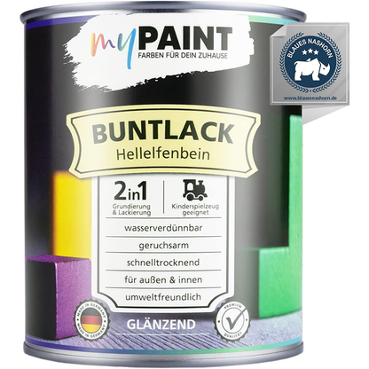 Einzelne Dose My Paint 2in1 Buntlack Glänzend in Hellelfenbein mit 2in1 Kennzeichnung und Qualitätssiegel.