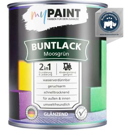 Dose My Paint 2in1 Buntlack Glänzend in Moosgrün mit Hinweis auf wasserverdünnbare und umweltfreundliche Eigenschaften.