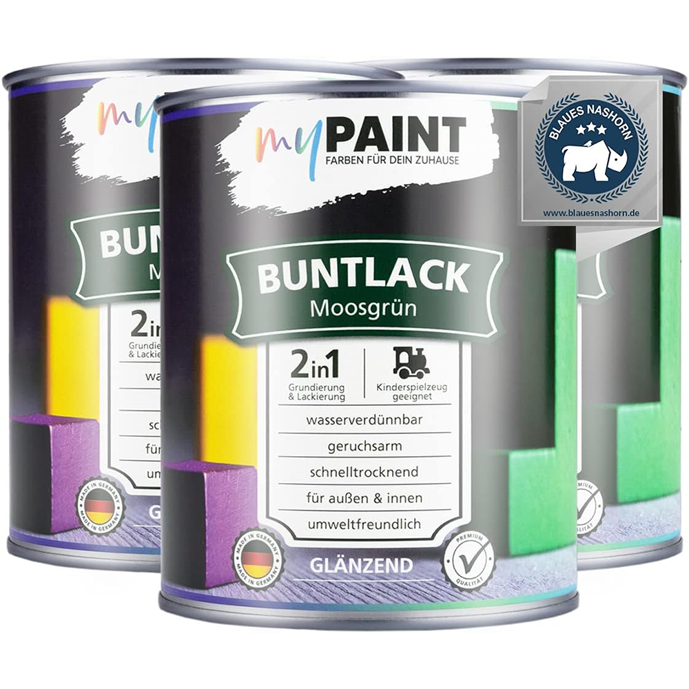 Set aus drei Dosen My Paint 2in1 Buntlack Glänzend in Moosgrün in frontaler Ansicht.