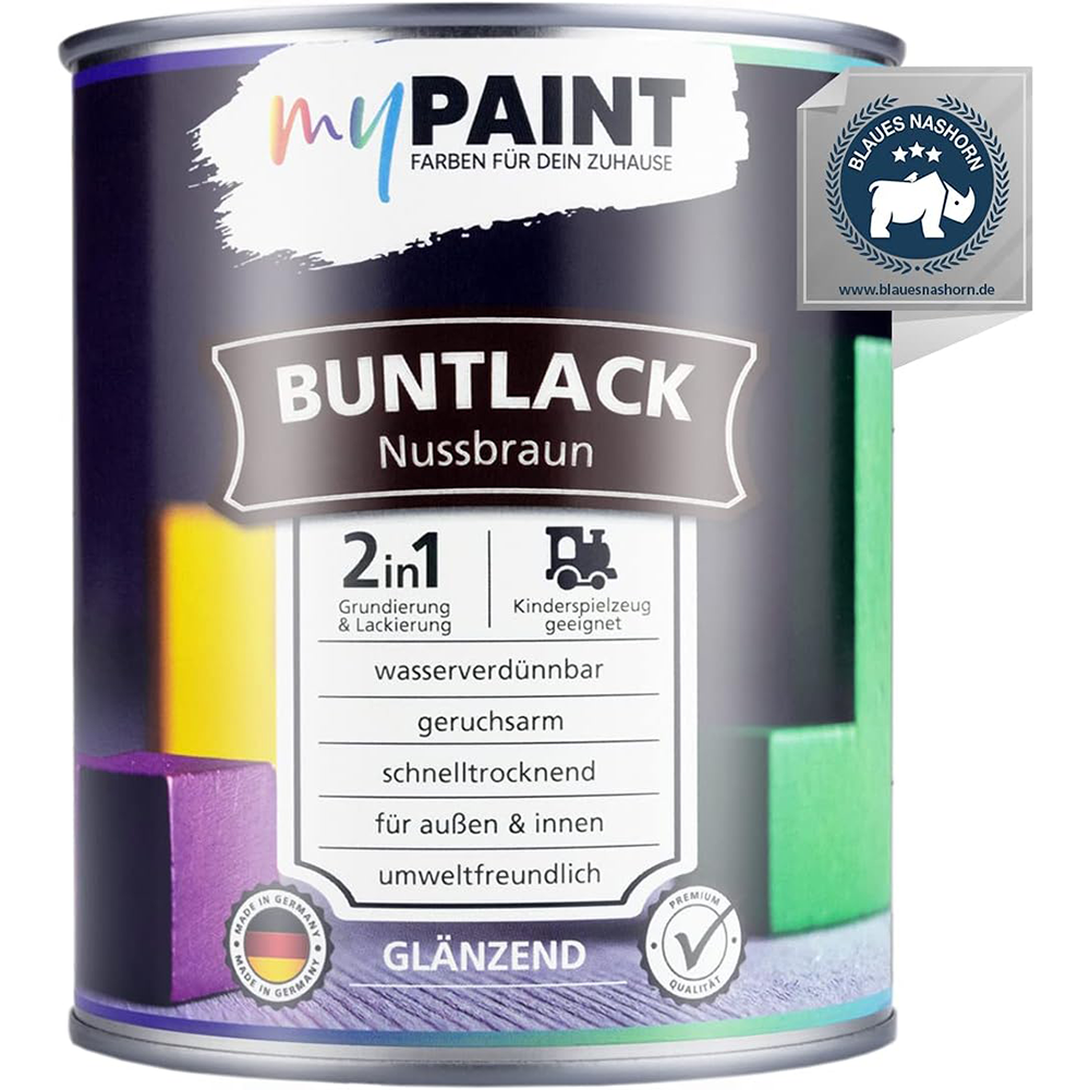 Frontansicht einer Dose My Paint 2in1 Buntlack Glänzend in Nussbraun mit 2in1 Funktion für Grundierung und Lackierung.