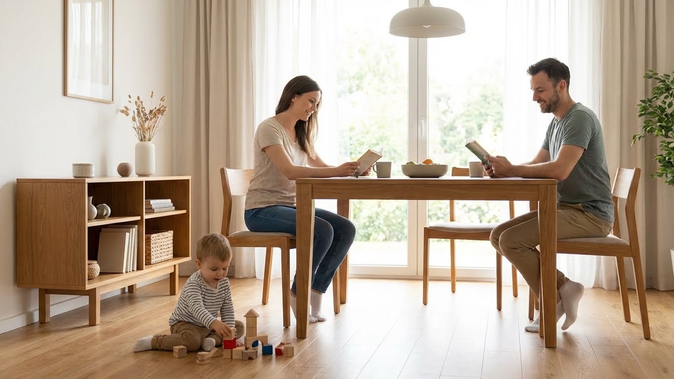 Familie im Esszimmer mit Holzmoebeln, die mit My Paint 2in1 Klarlack behandelt sind