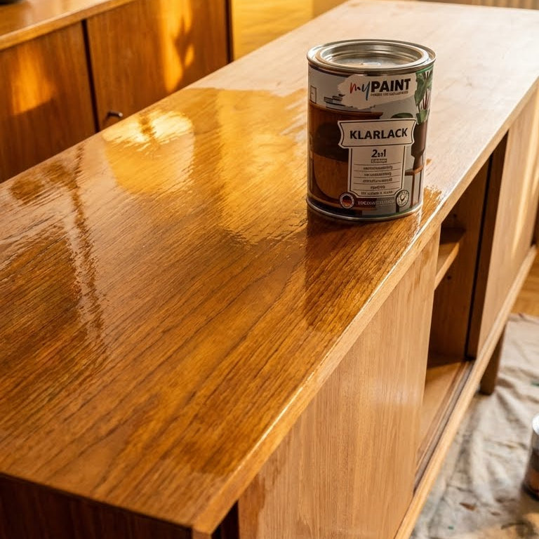 My Paint 2in1 Klarlack auf einer Holzmoebeloberflaeche mit gleichmaessigem seidigem Glanz