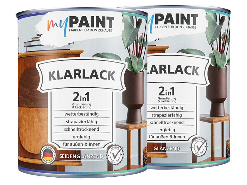 Zwei Dosen My Paint 2in1 Klarlack in seidenglaenzender und glaenzender Variante nebeneinander