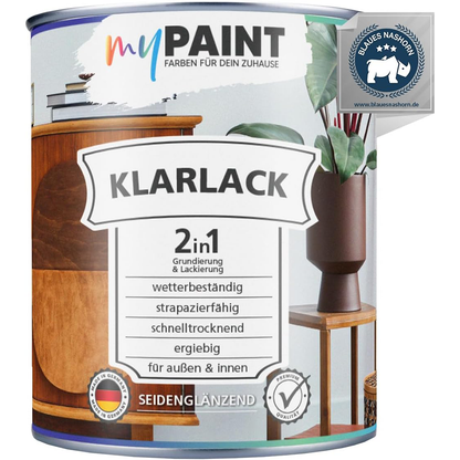 Produktdose My Paint 2in1 Klarlack Seidenmatt 750 ml mit Etikett und Hinweisen zu Innen- und Aussenanwendung