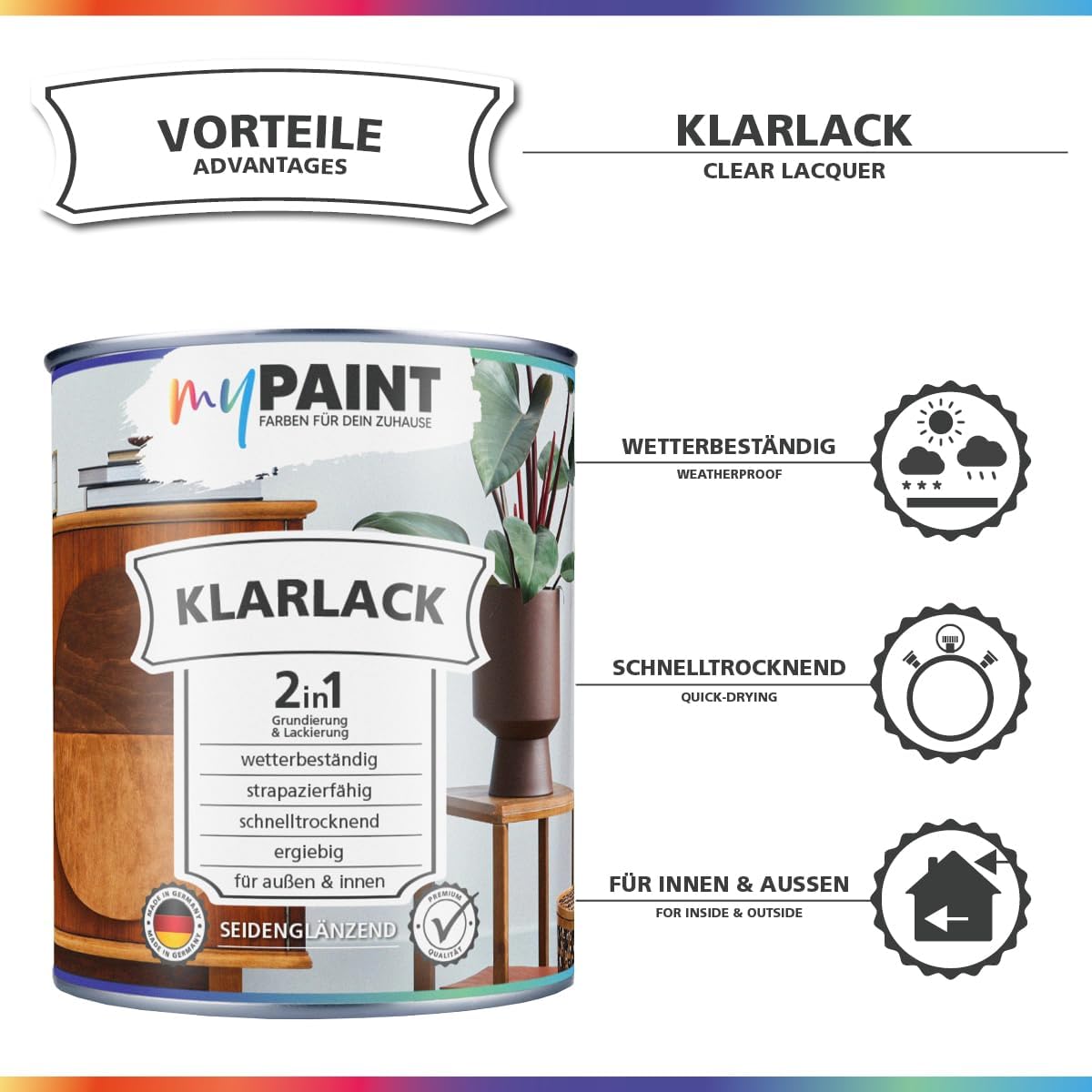 Infografik zu My Paint 2in1 Klarlack Seidenmatt mit Vorteilen wie wetterbestaendig, schnelltrocknend und fuer innen und aussen