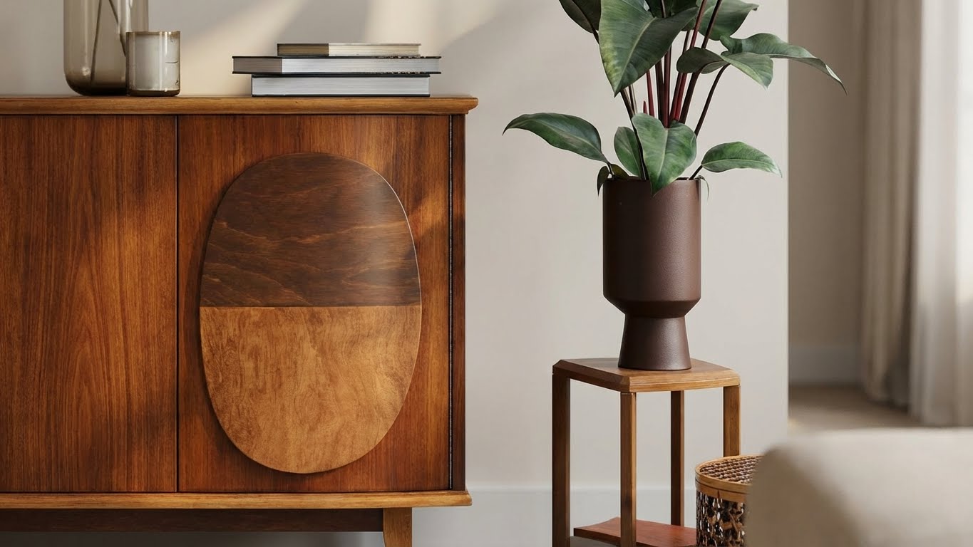 Detailansicht eines Holzsideboards im Wohnraum mit durch My Paint 2in1 Klarlack veredelter Oberflaeche