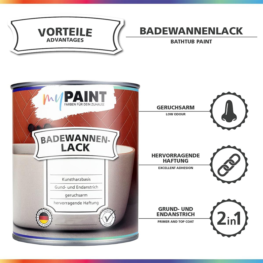 Infografik zu My Paint Badewannenlack mit Vorteilen wie geruchsarm, hervorragende Haftung und Grund- und Endanstrich