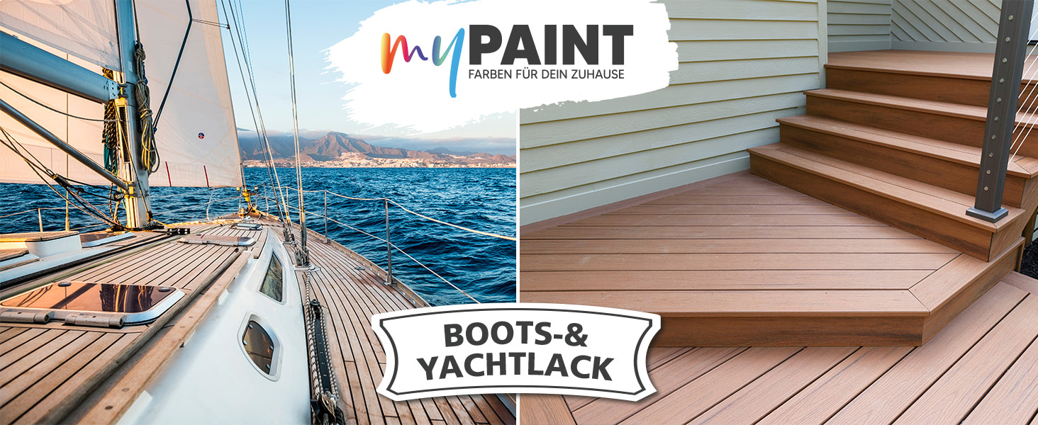 Anwendungsbeispiele fuer My Paint Boots- und Yachtlack auf Bootsdeck und Holztreppe im Aussenbereich