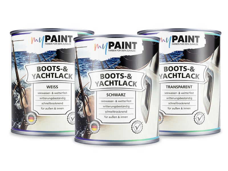 Produktuebersicht My Paint Boots- und Yachtlack in Weiss Schwarz und Transparent in mehreren Dosen