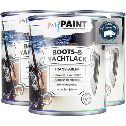 Produktset aus mehreren Dosen My Paint Boots- und Yachtlack Transparent in 2,25 Liter Gebinden