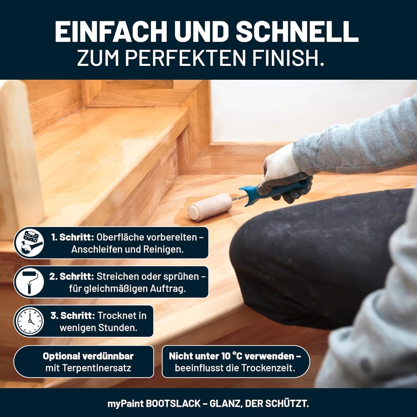 Einfache Anwendung von My Paint Bootslack auf Holztreppe – gleichmäßiger Auftrag und schnelles Trocknen
