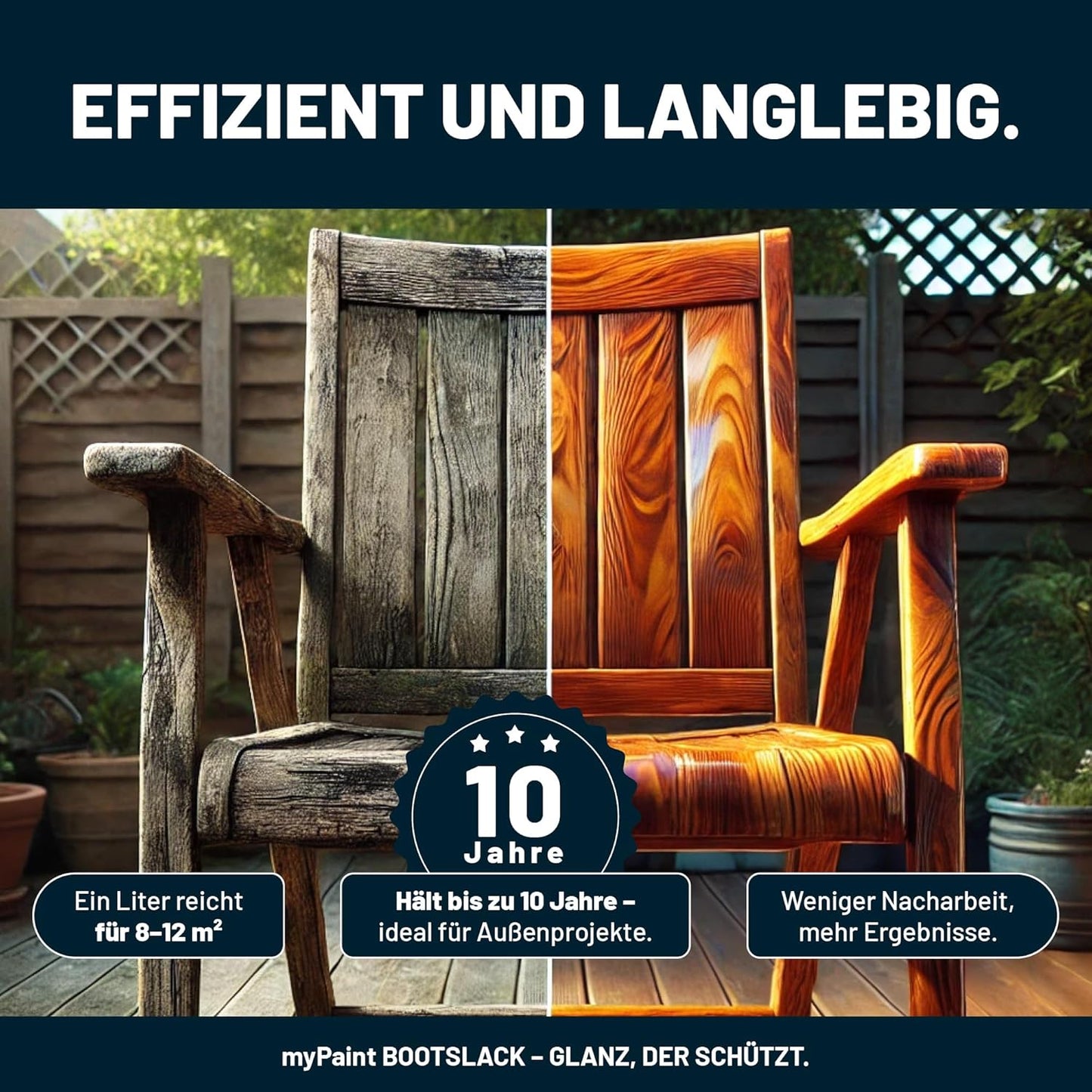 Vorher-Nachher-Vergleich: My Paint Bootslack frischt verwittertes Holz auf und schützt bis zu 10 Jahre