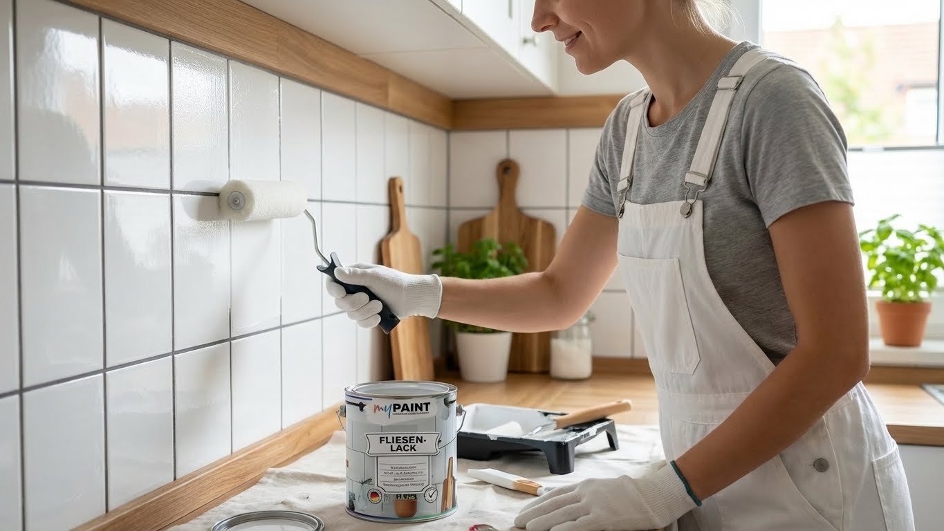 Anwendung von My Paint Fliesenlack mit Farbrolle auf weissen Kuechenfliesen