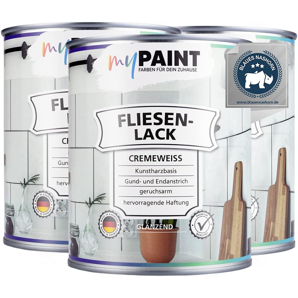 Drei Produktdosen My Paint Fliesenlack Cremeweiss 2,25L glaenzend nebeneinander