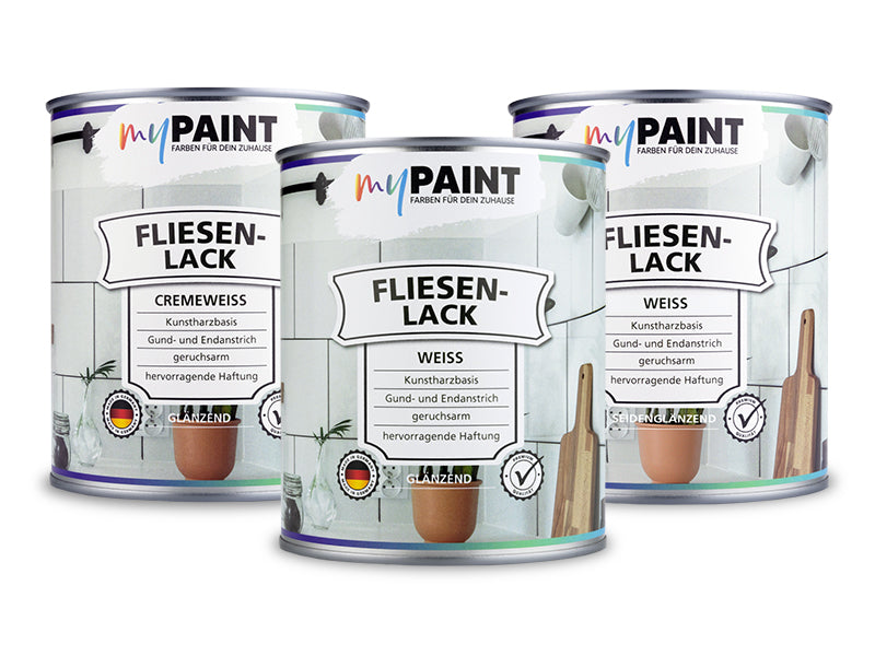 Drei Dosen My Paint Fliesenlack in den Varianten Cremeweiss glaenzend, Weiss glaenzend und Weiss seidenglaenzend