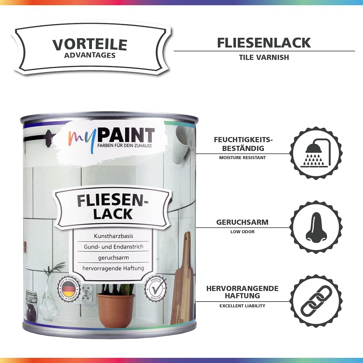 Infografik zu My Paint Fliesenlack mit Eigenschaften wie Feuchtigkeitsbestaendigkeit, geruchsarm und hervorragende Haftung