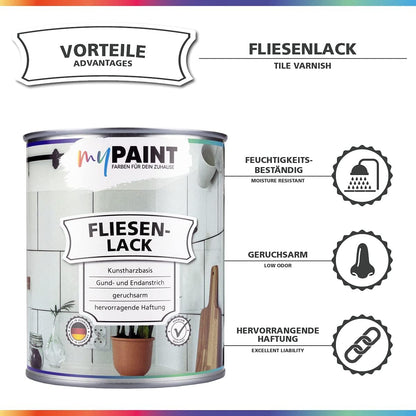 Infografik zu My Paint Fliesenlack mit Eigenschaften wie Feuchtigkeitsbestaendigkeit, geruchsarm und hervorragende Haftung