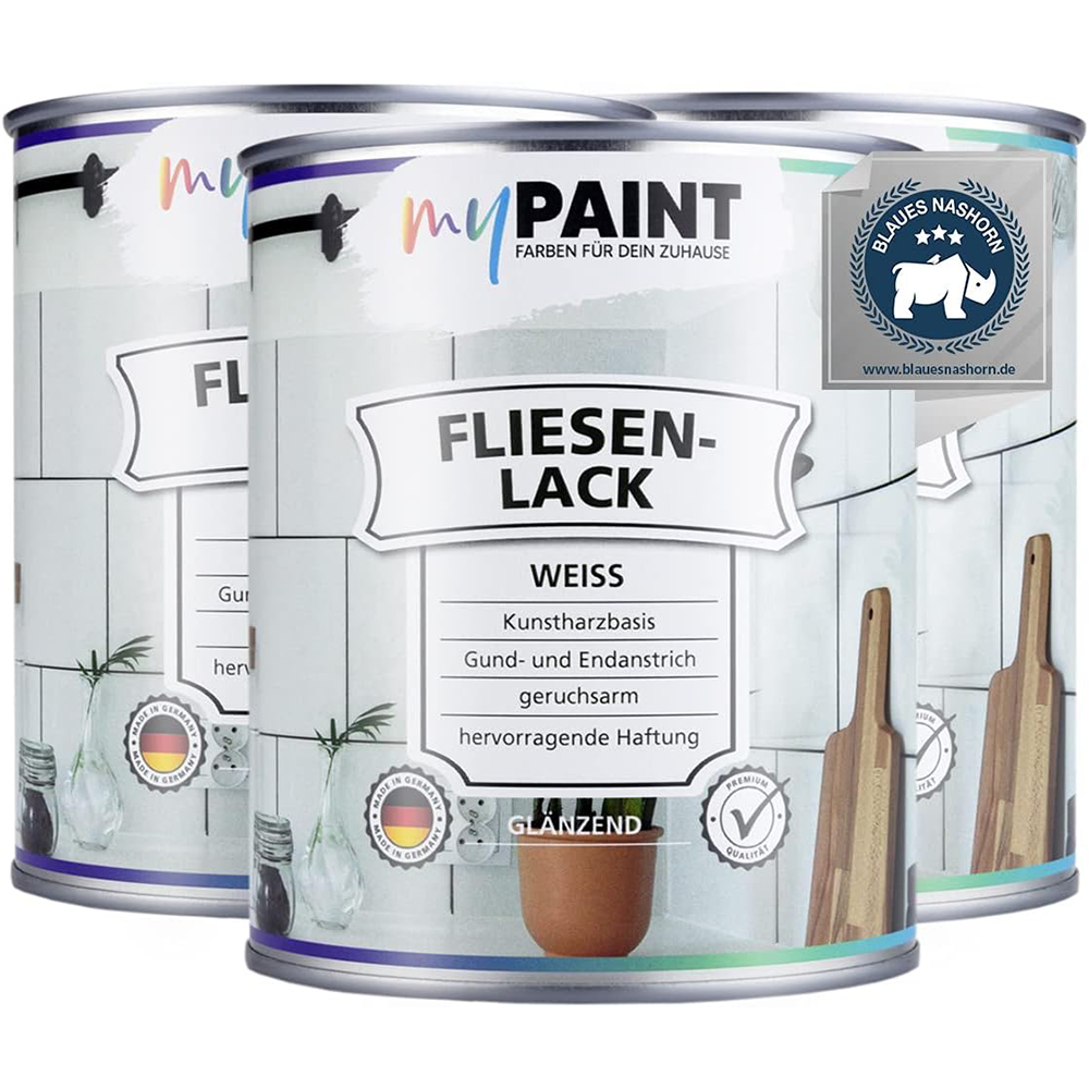 Drei Produktdosen My Paint Fliesenlack 2,25L Weiss glaenzend nebeneinander