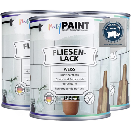 Drei Produktdosen My Paint Fliesenlack 2,25L Weiss glaenzend nebeneinander