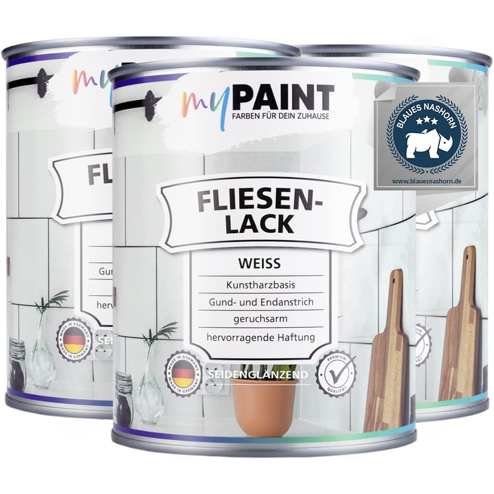 Drei Produktdosen My Paint Fliesenlack Weiss 2,25L seidenglaenzend nebeneinander