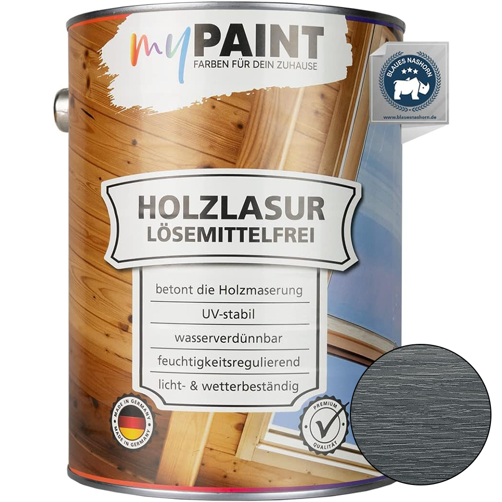 My Paint Holzlasur lösemittelfrei in 2,5 Liter Anthrazit mit anthrazitfarbener Holzoberfläche