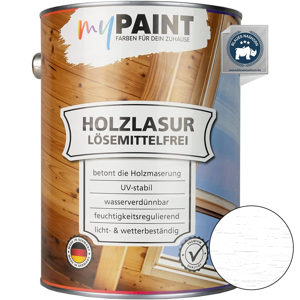 My Paint Holzlasur lösemittelfrei in 2,5 Liter Weiß mit heller Holzlasur-Farbprobe