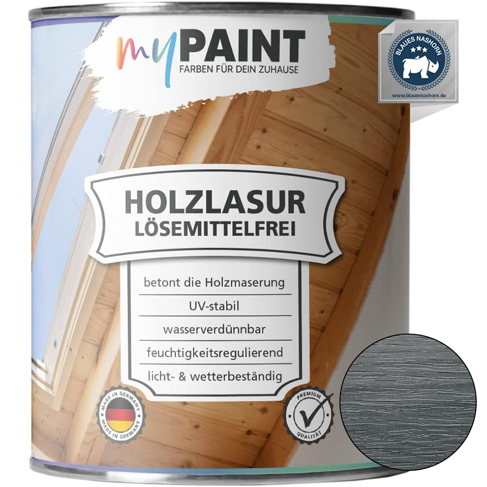 My Paint Holzlasur lösemittelfrei in 750 ml Anthrazit mit dunklem Farbmuster auf Holz