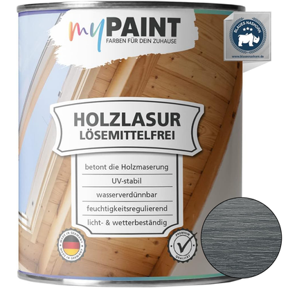 My Paint Holzlasur lösemittelfrei in 750 ml Anthrazit mit dunklem Farbmuster auf Holz