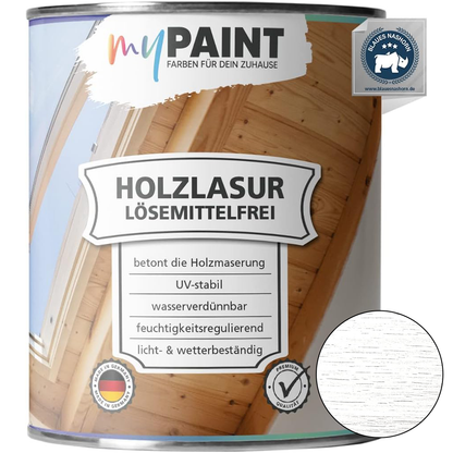 My Paint Holzlasur lösemittelfrei in 750 ml Weiß mit Farbbeispiel der behandelten Holzoberfläche