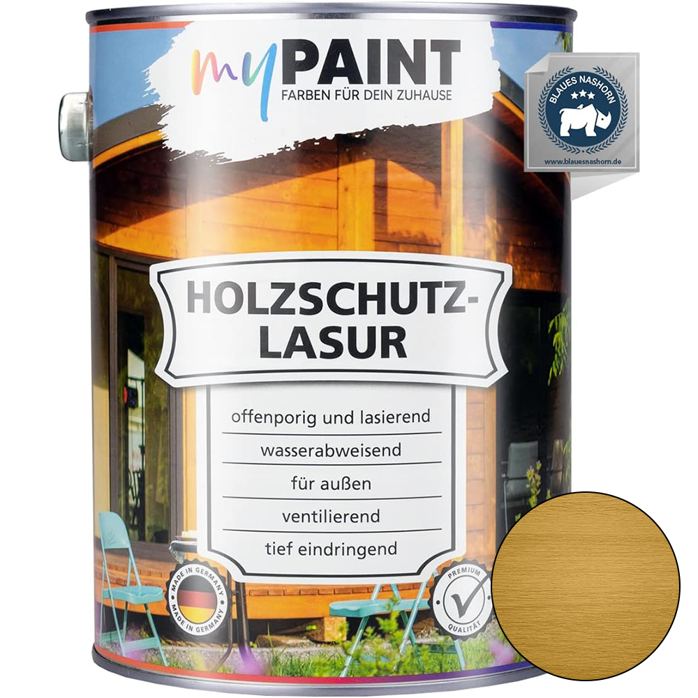 My Paint Holzschutzlasur Außen Eiche in 2,5L Gebinde mit Farbmuster und Produktdetails auf der Vorderseite.