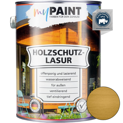 My Paint Holzschutzlasur Außen Eiche in 2,5L Gebinde mit Farbmuster und Produktdetails auf der Vorderseite.