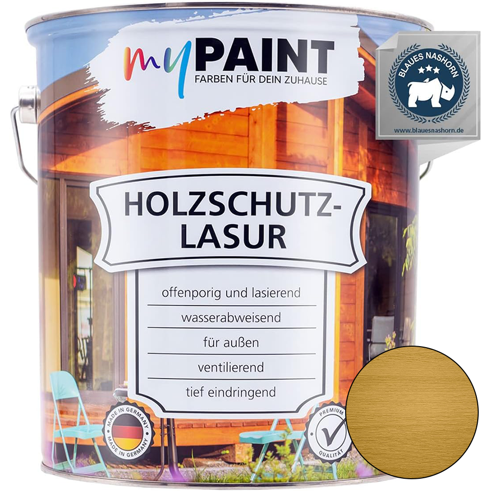 5L Dose My Paint Holzschutzlasur Außen Eiche mit Hinweisen zu wasserabweisender und ventilierender Schutzwirkung.