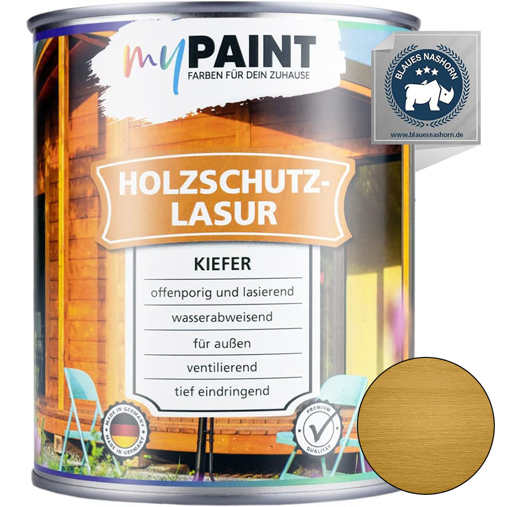 Dose My Paint Holzschutzlasur Außen Eiche in 750ml mit hellem Holzfarbton und Angaben zu offenporiger Lasur für außen.