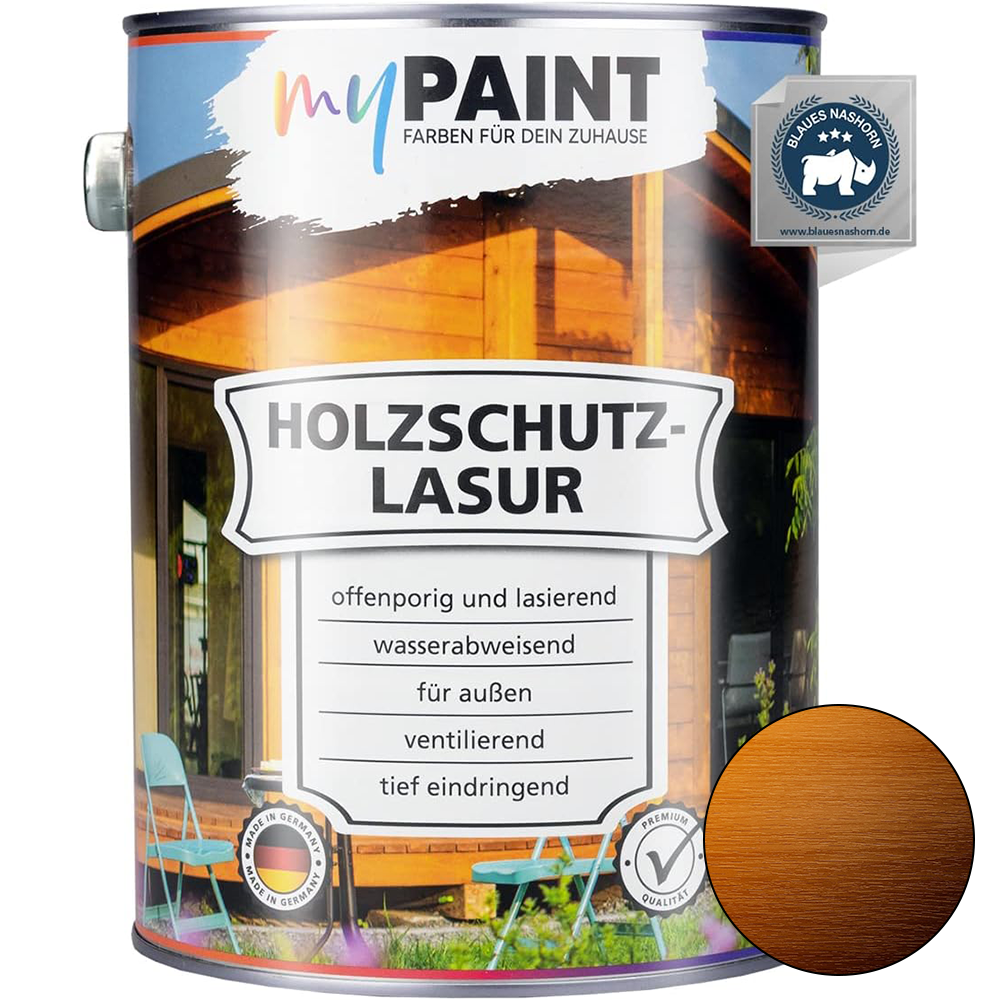 My Paint Holzschutzlasur Außen Farblos in 2,5L Gebinde mit Abbildung des transparenten Holzfarbtons und Hinweisen zu wetterfestem Schutz.