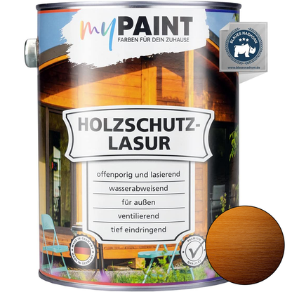 My Paint Holzschutzlasur Außen Farblos in 2,5L Gebinde mit Abbildung des transparenten Holzfarbtons und Hinweisen zu wetterfestem Schutz.