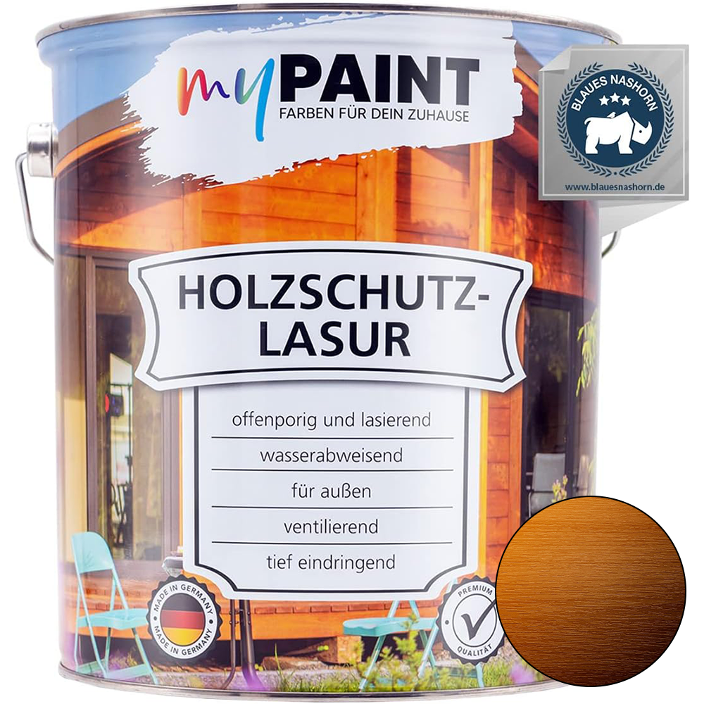 5L Dose My Paint Holzschutzlasur Außen Farblos mit Produktetikett und Eigenschaften wie wasserabweisend, ventilierend und tief eindringend.