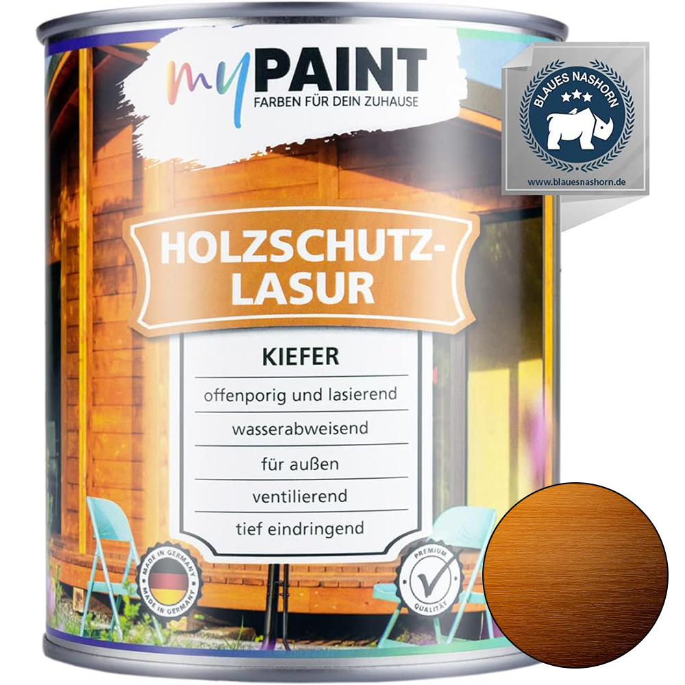 Dose My Paint Holzschutzlasur Außen Farblos in 750ml mit transparentem Holzfarbton-Muster und Produktangaben für den Außenbereich.