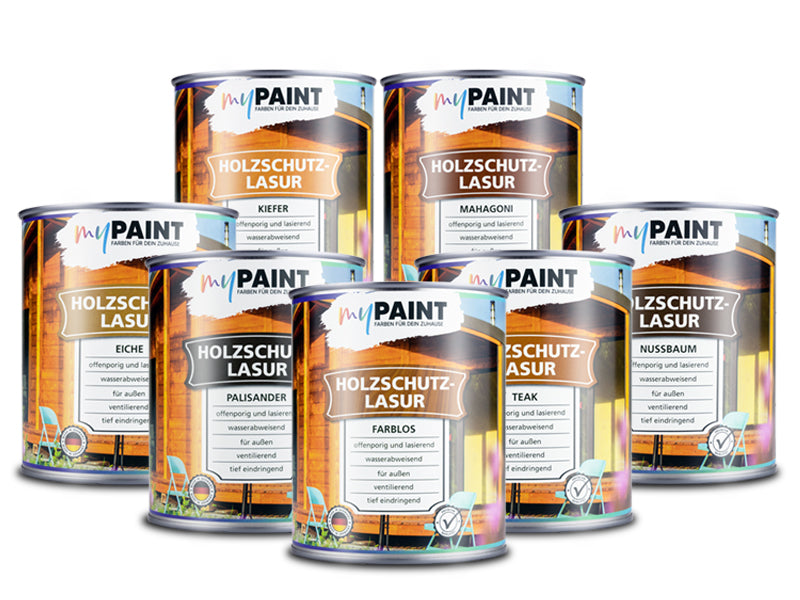 Übersicht der My Paint Holzschutzlasur Außen in verschiedenen Farbtönen wie Eiche, Kiefer, Mahagoni, Palisander, Teak, Nussbaum und Farblos.